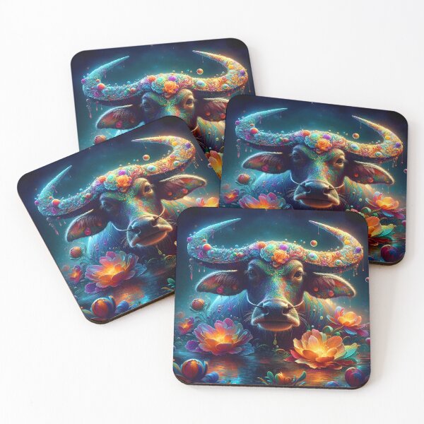 Item preview, floral horned Carabao with flowing fantasy flowers placed in teal ethereal backdrop digitalart designed and sold by EmeraldeaArt.