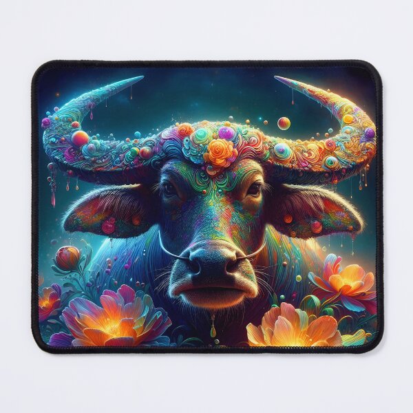 Item preview, floral horned Carabao with flowing fantasy flowers placed in teal ethereal backdrop digitalart designed and sold by EmeraldeaArt.
