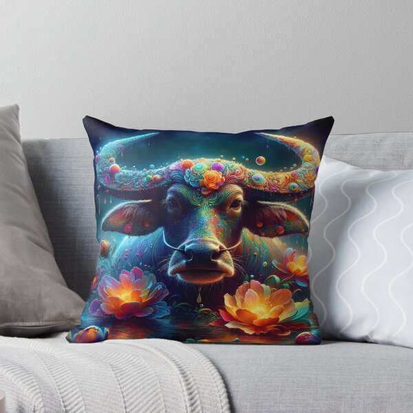 Item preview, floral horned Carabao with flowing fantasy flowers placed in teal ethereal backdrop digitalart designed and sold by EmeraldeaArt.