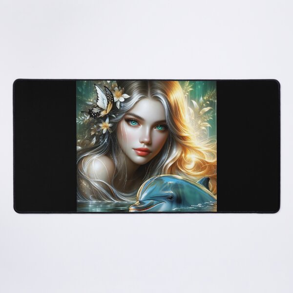 Item preview, Beautiful blond nymph in water with a dolphin and a butterfly digitalart designed and sold by EmeraldeaArt.