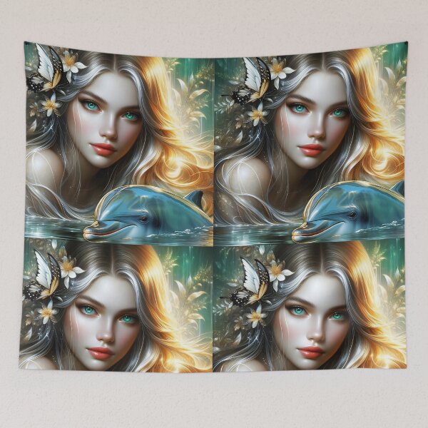 Item preview, Beautiful blond nymph in water with a dolphin and a butterfly digitalart designed and sold by EmeraldeaArt.