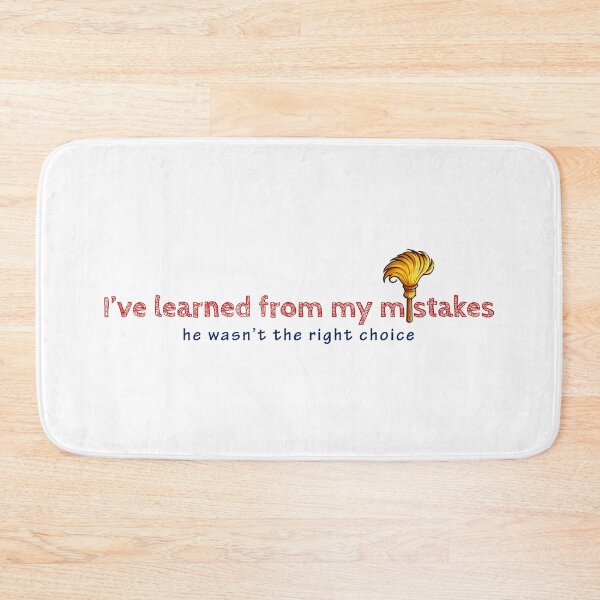 Item preview, Regretful sentiment in red outlined letters above blue cursive, accompanied by a golden feather on a white background designed and sold by homydesign.