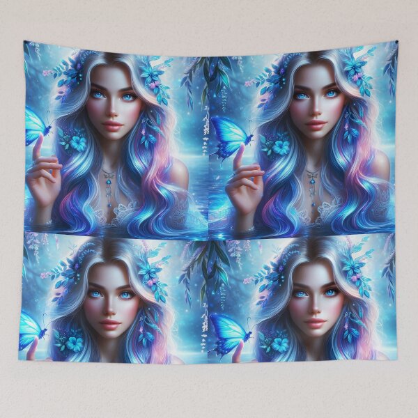 Item preview, Blue siren nymph with a blue butterfly ethereal water digitalart designed and sold by EmeraldeaArt.