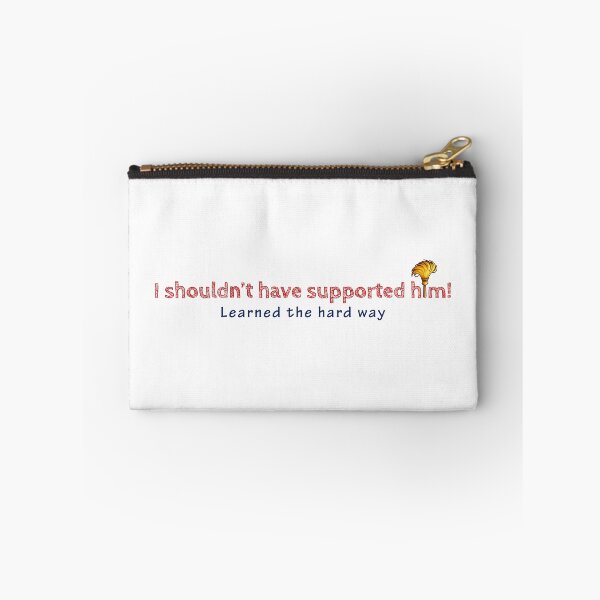 Item preview, Regretful statement in red outlined letters above blue cursive, with a gold feather on a white background, about a past support designed and sold by homydesign.