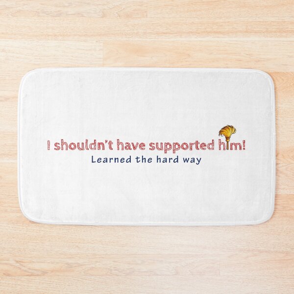 Item preview, Regretful statement in red outlined letters above blue cursive, with a gold feather on a white background, about a past support designed and sold by homydesign.