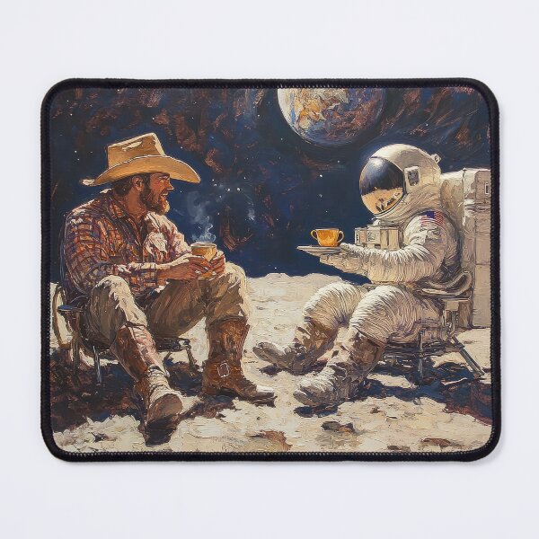 Item preview, FRONTIERS OLD AND NEW - A COWBOY AND AN ASTRONAUT SHARE A BREW designed and sold by ArtbyRolleen.