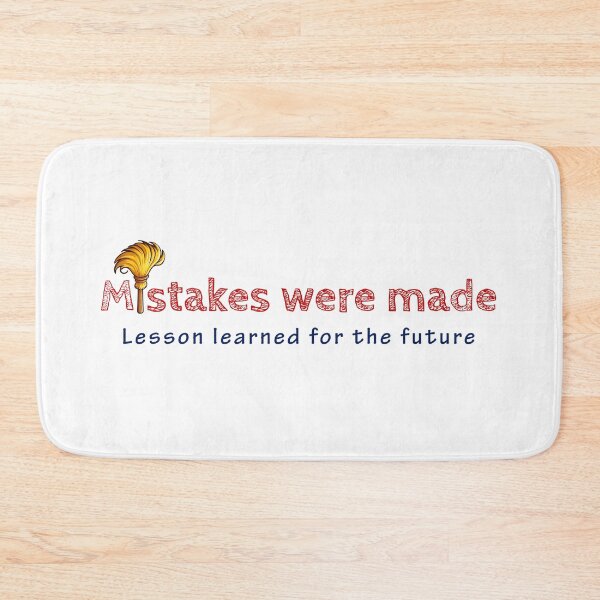 Item preview, Red outlined text above blue script, with a gold feather on a white background, acknowledges mistakes and future learning designed and sold by homydesign.