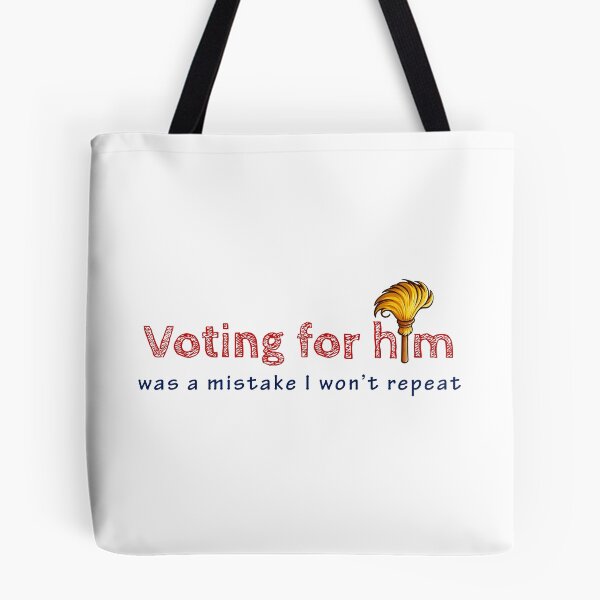 Item preview, Regretful statement in red outlined letters above blue cursive, with a gold feather on a white background, about a voting mistake designed and sold by homydesign.
