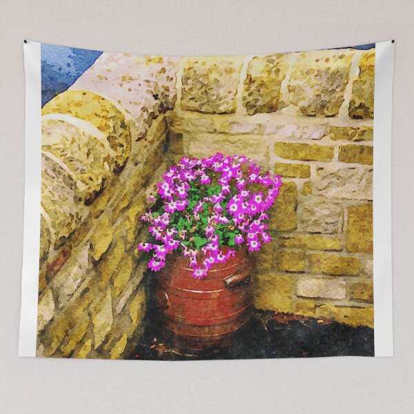 Item preview, Vibrant watercolor painting of petunias in a garden setting designed and sold by GestaltImagery.