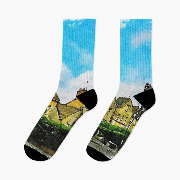Item preview, Charming watercolor of historic Cotswolds village in England under clear skies designed and sold by GestaltImagery.