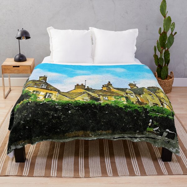 Item preview, Charming watercolor of historic Cotswolds village in England under clear skies designed and sold by GestaltImagery.