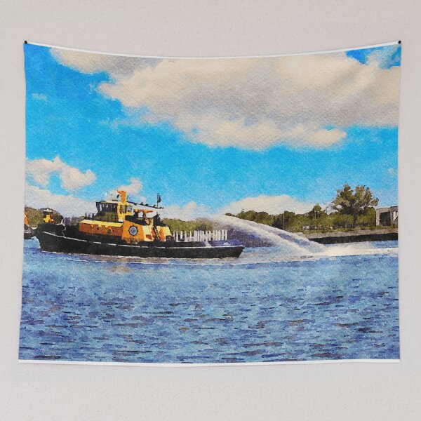 Item preview, Watercolor painting of a tugboat sailing on the Savannah River in Georgia designed and sold by GestaltImagery.