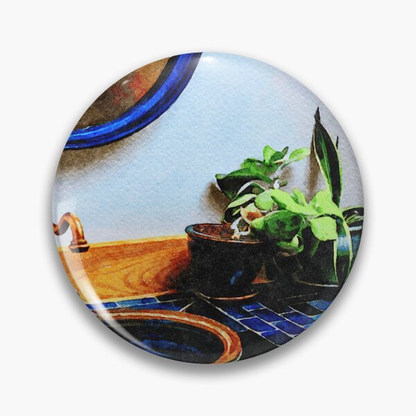 Item preview, Elegant bathroom sink with blue tiles and greenery designed and sold by GestaltImagery.