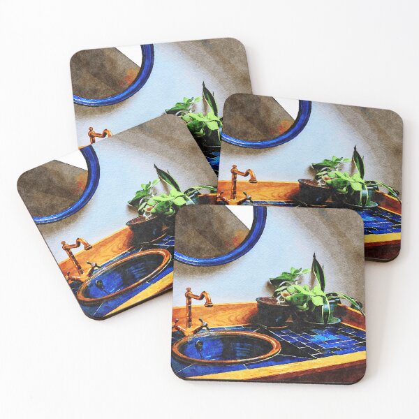 Item preview, Elegant bathroom sink with blue tiles and greenery designed and sold by GestaltImagery.