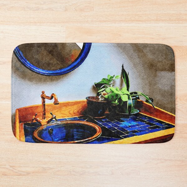 Item preview, Elegant bathroom sink with blue tiles and greenery designed and sold by GestaltImagery.