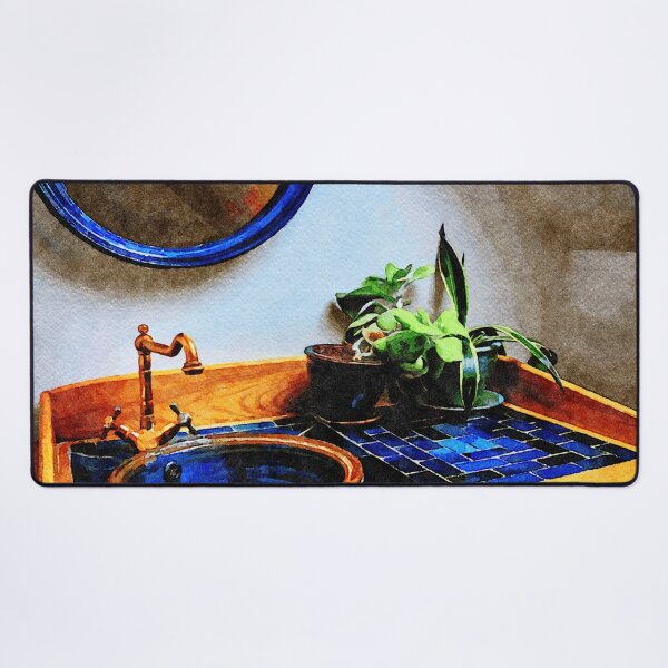 Item preview, Elegant bathroom sink with blue tiles and greenery designed and sold by GestaltImagery.