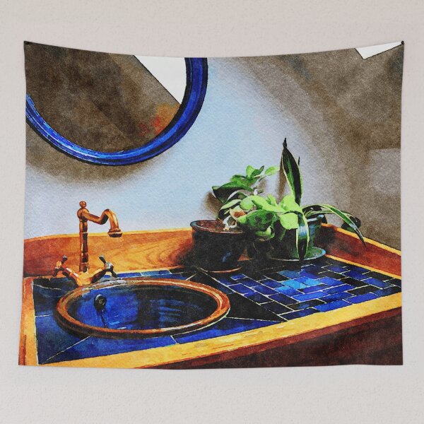 Item preview, Elegant bathroom sink with blue tiles and greenery designed and sold by GestaltImagery.