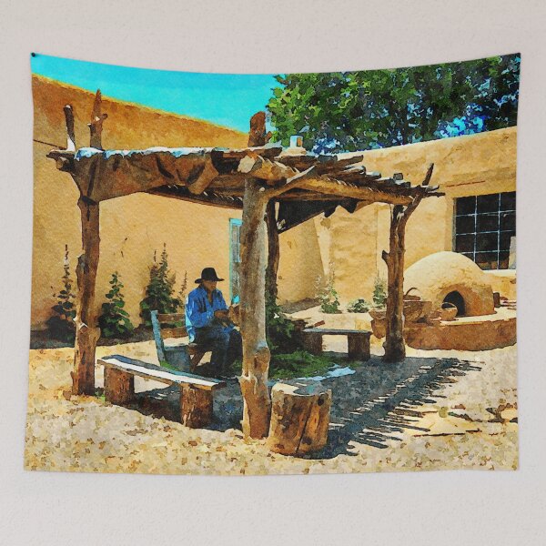 Item preview, Traditional adobe courtyard in vibrant watercolor with rustic New Mexico setting designed and sold by GestaltImagery.