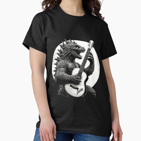 Aperçu de l'œuvre T-shirt drôle de dinosaure vintage jouant de la guitare – Graphique cool de joueur de rock et de basse acoustique créée et vendue par Colorful-Garden.