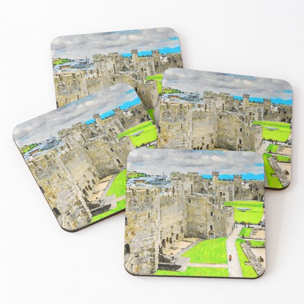 Item preview, Watercolor illustration of Caernarfon Castle in Wales with lush green grounds designed and sold by GestaltImagery.