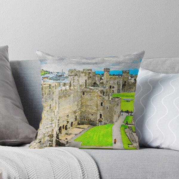 Item preview, Watercolor illustration of Caernarfon Castle in Wales with lush green grounds designed and sold by GestaltImagery.
