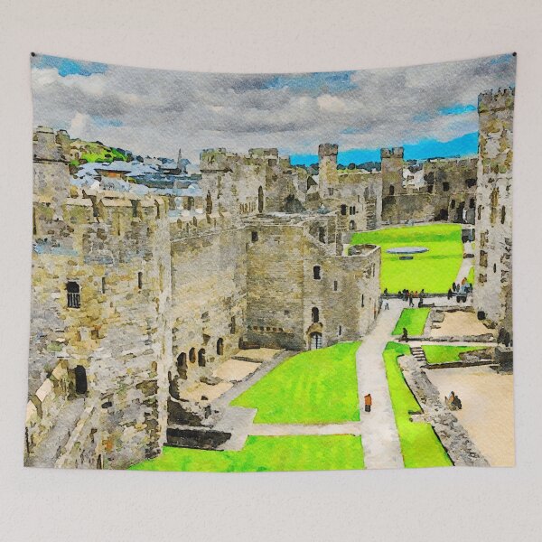 Item preview, Watercolor illustration of Caernarfon Castle in Wales with lush green grounds designed and sold by GestaltImagery.