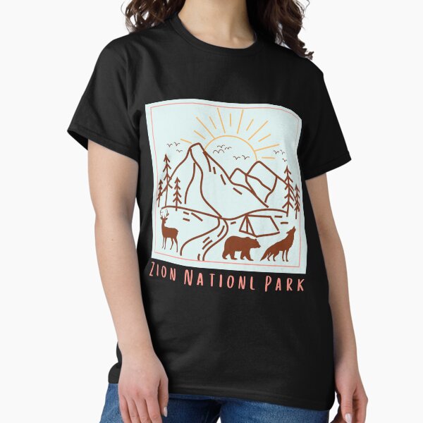 Vista previa del artículo con la obra «Pegatina para camiseta con dibujo clásico del parque estatal nacional Zion», diseñado y vendido por ThinkNatural.