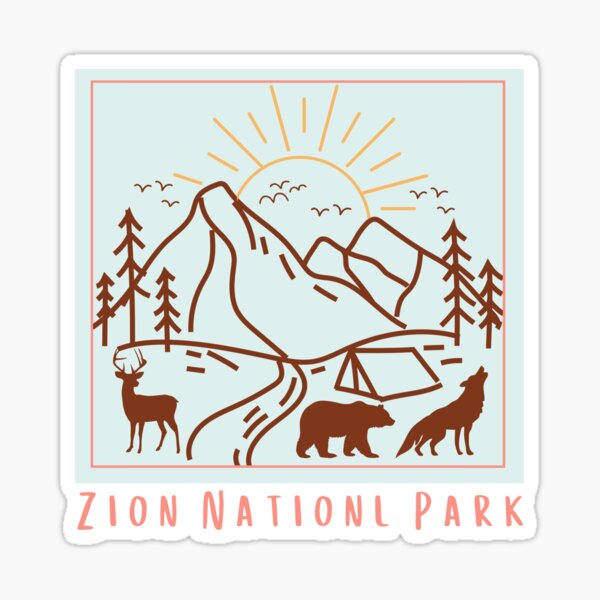 Vista previa del artículo con la obra «Pegatina para camiseta con dibujo clásico del parque estatal nacional Zion», diseñado y vendido por ThinkNatural.
