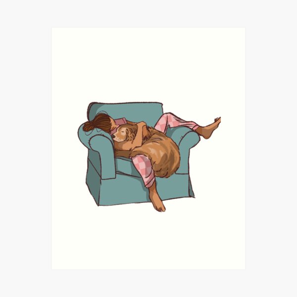 Item preview, woman sitting in a blue couch hugging her big dog  designed and sold by Hessah-HA.