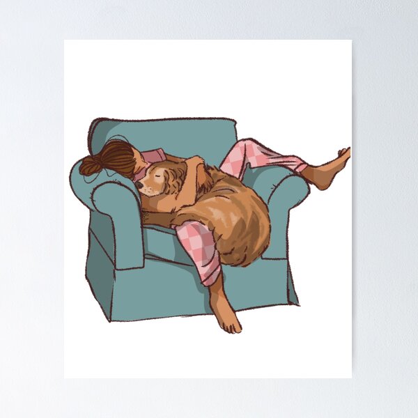 Item preview, woman sitting in a blue couch hugging her big dog  designed and sold by Hessah-HA.