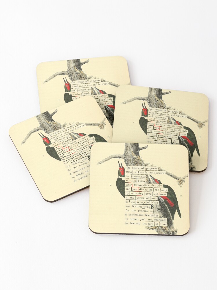 Thumbnail 1 of 5, Coasters (Set of 4), Bird Divination: Lewis's Woodpecker (almanacofbirds.org) designed and sold by mariapopova.