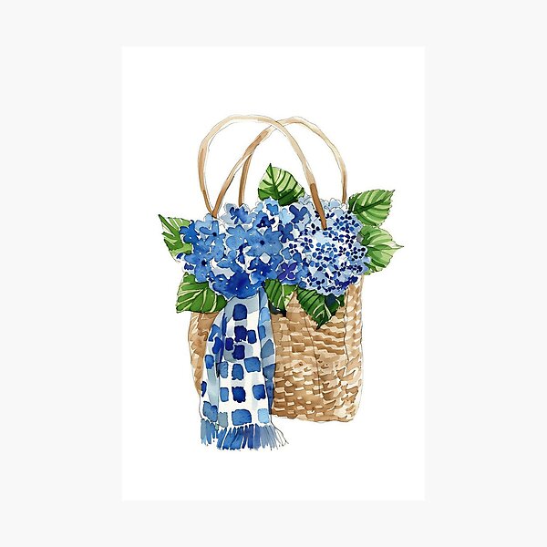 Item preview, Watercolor Blue Hydrangea Flowers in Basket designed and sold by Nova~Prints.