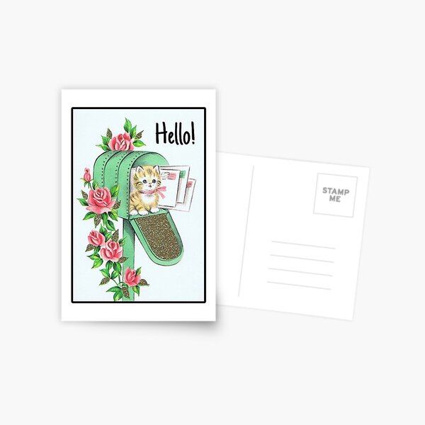 Item preview, Hello! Vintage Kitten in Green Mailbox Postcard designed and sold by dearvintagepost.