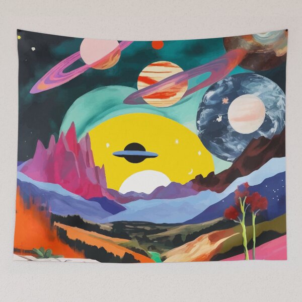 Item preview, The Inner Space Landscape, Abstract Planets Painting Eclectic, Voyage Sun Moon Stars Voyage, Mountains Mars Bohemian Fantasy designed and sold by 83oranges.com.