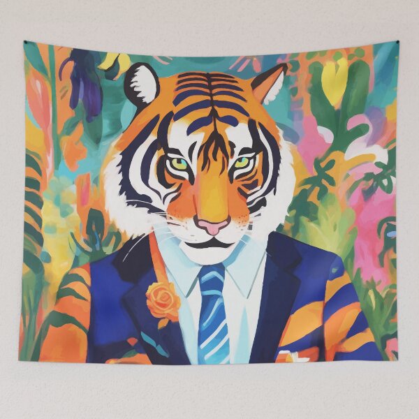 Item preview, Tiger In a Suit, Wild Animals Tropical Jungle Fashion, Cheetah Leopard Anthropomorphism Eclectic, Bohemian Contemporary Maximalist Colorful Botanical designed and sold by 83oranges.com.