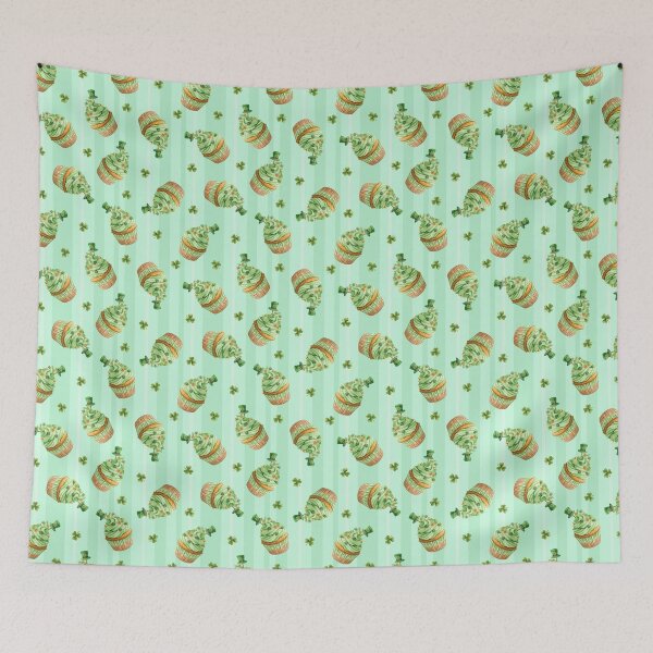 Item preview, seamless pattern with a St. Patrick's Day holiday cupcake and shamrock on a striped background in soft green tones designed and sold by Tatty-shop.