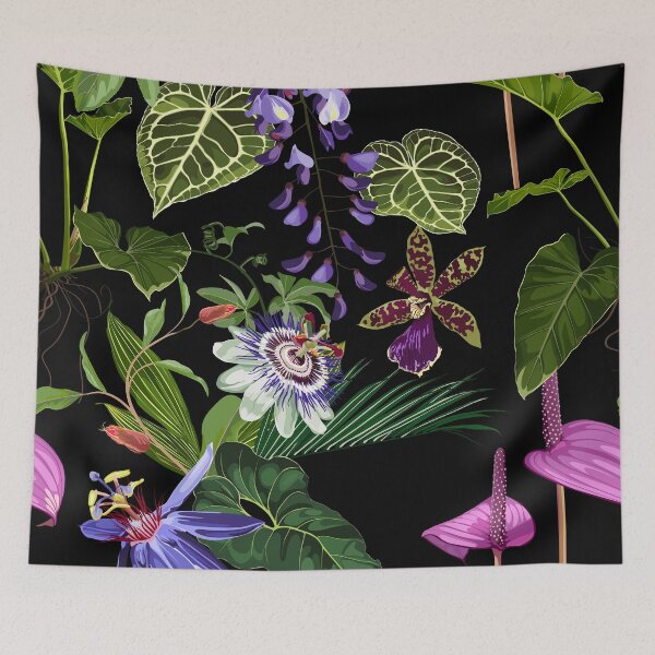 Item preview, Exotic flowers pattern. Violet tropical flowers and palm leaves in summer print.  designed and sold by MatyKotiv.