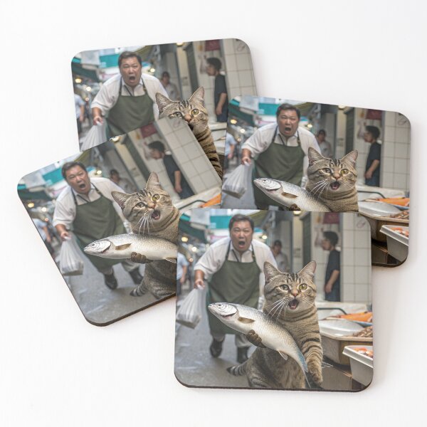 Item preview, A cat has just stolen a fish in a fishmonger's shop and runs away with it designed and sold by NuttyAnimals.