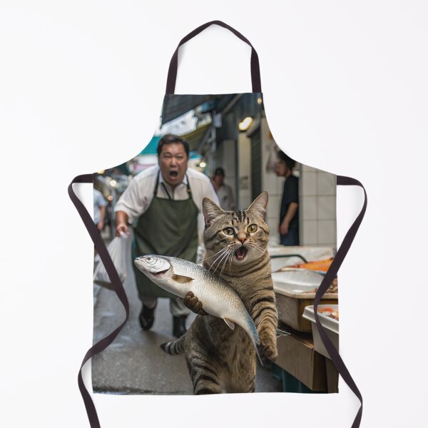 Artikelvorschau, Eine Katze hat gerade einen Fisch in einem Fischladen gestohlen und rennt damit weg entworfen und verkauft von NuttyAnimals.