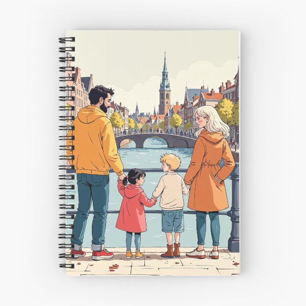 Item preview, Family Walking by the Canal in Amsterdam – Autumn Illustration designed and sold by Hakubiya.