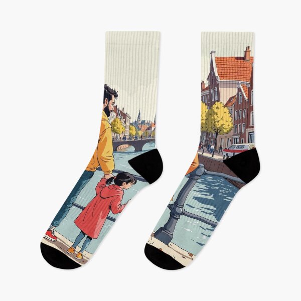 Item preview, Family Walking by the Canal in Amsterdam – Autumn Illustration designed and sold by Hakubiya.