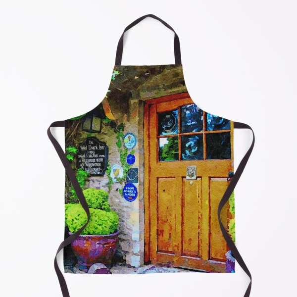 Item preview, Charming English inn entrance with rustic wooden door and vibrant greenery designed and sold by GestaltImagery.