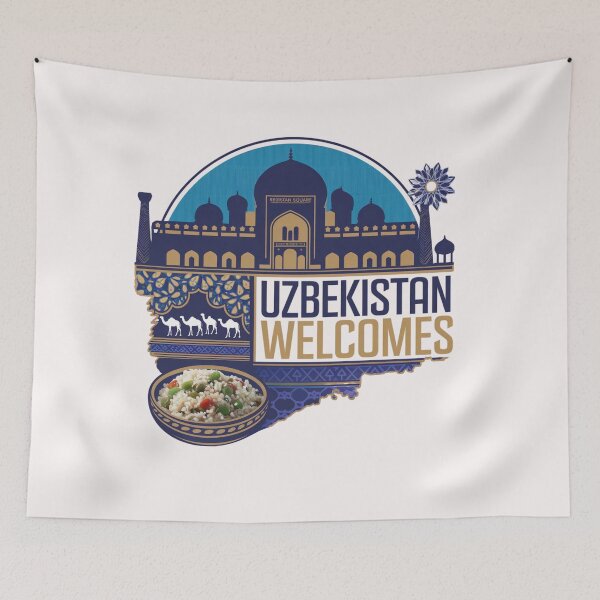 Item preview, Uzbekistan Welcomes Flag Map Samarkand, Bukhara, Tashkent designed and sold by AnimalsDH305.