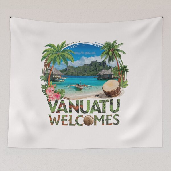 Item preview, Vanuatu Welcomes Flag Map Yasur volcano, Efate island, designed and sold by AnimalsDH305.