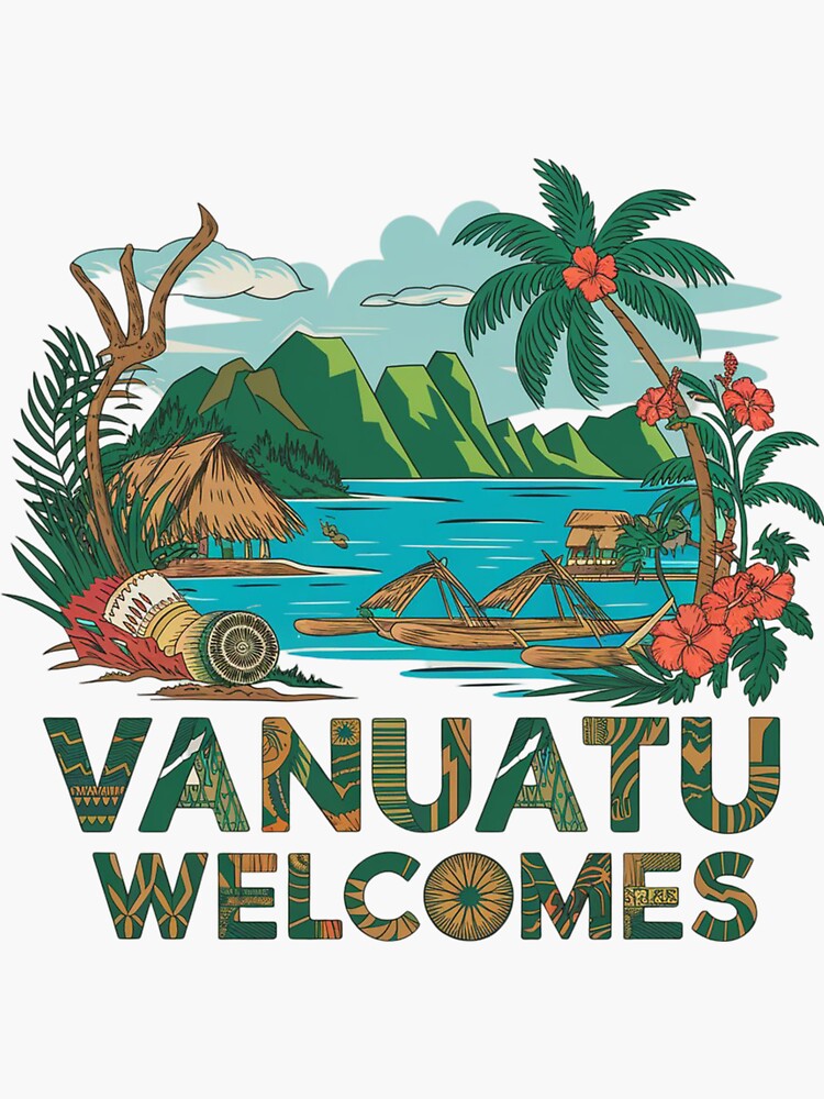Thumbnail 3 of 3, Sticker, Vanuatu Welcomes Flag Map Yasur volcano, Efate island, designed and sold by AnimalsDH305.
