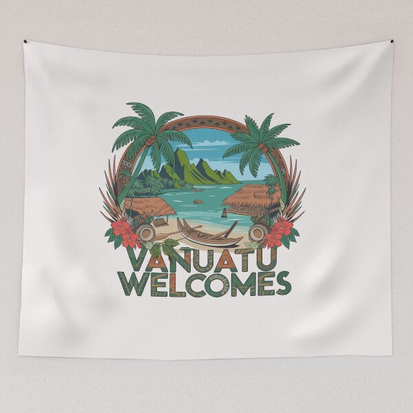 Item preview, Vanuatu Welcomes Flag Map Yasur volcano, Efate island, designed and sold by AnimalsDH305.