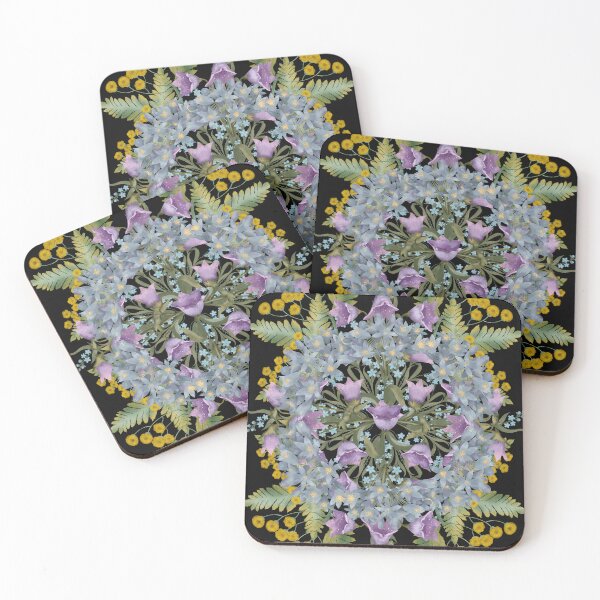 Item preview, Botanical composition with yellow mimosa flowers, blue forget-me-nots, purple bells . Hand drawn illustration in rustic style designed and sold by Grin Katalina Floral Patterns & Cozy Art.