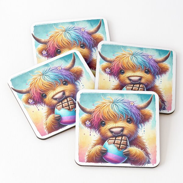 Item preview, Scottish Highland Cow eating Easter Eggs Colorful Watercolor designed and sold by MaedK.