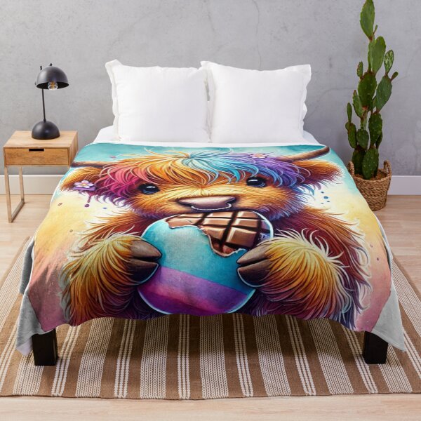 Item preview, Scottish Highland Cow eating Easter Eggs Colorful Watercolor designed and sold by MaedK.
