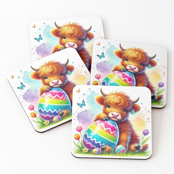 Item preview, Scottish Highland Cow with Easter Eggs Colorful Watercolor designed and sold by MaedK.